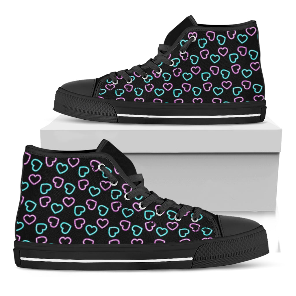 Pink And Blue Lights Heart Pattern Print Black High Top Shoes