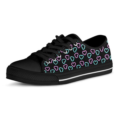 Pink And Blue Lights Heart Pattern Print Black Low Top Shoes