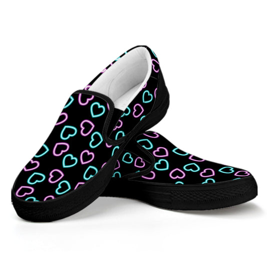 Pink And Blue Lights Heart Pattern Print Black Slip On Shoes