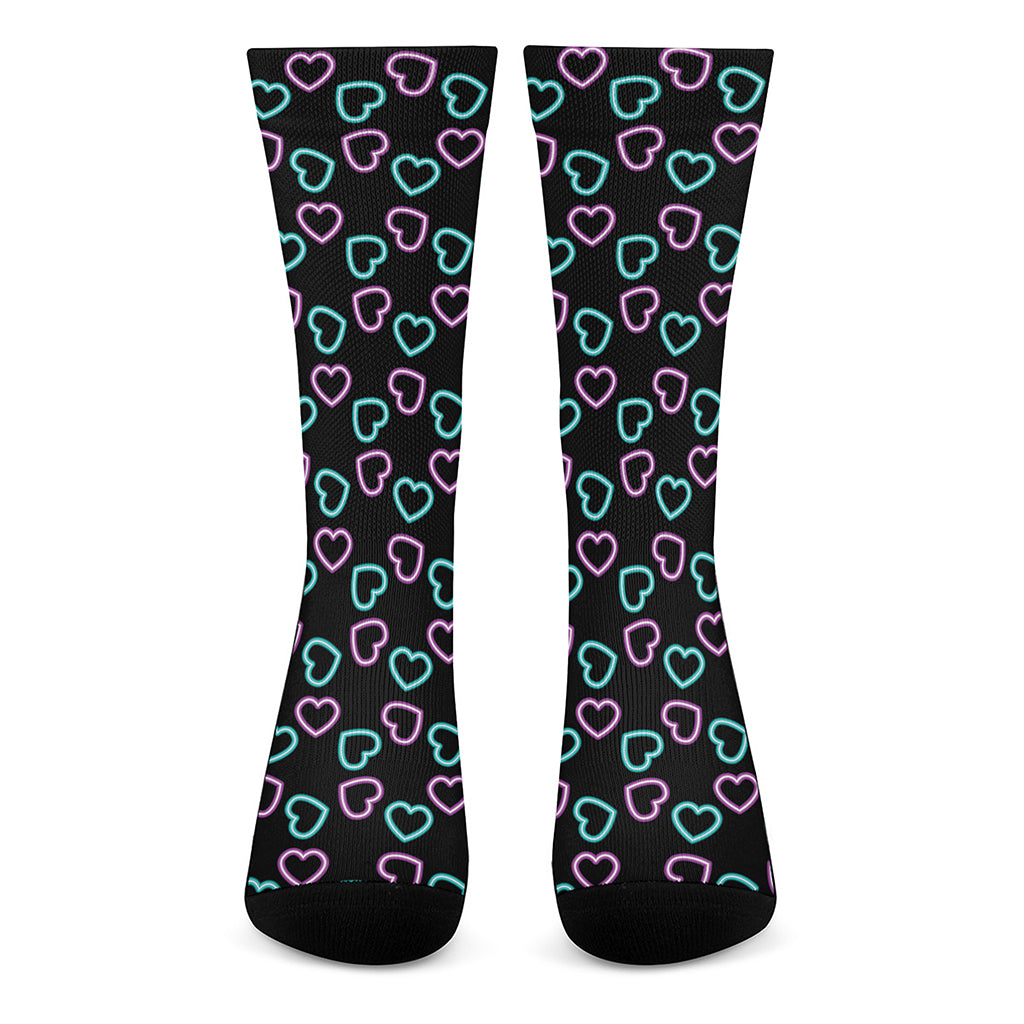 Pink And Blue Lights Heart Pattern Print Crew Socks