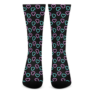 Pink And Blue Lights Heart Pattern Print Crew Socks