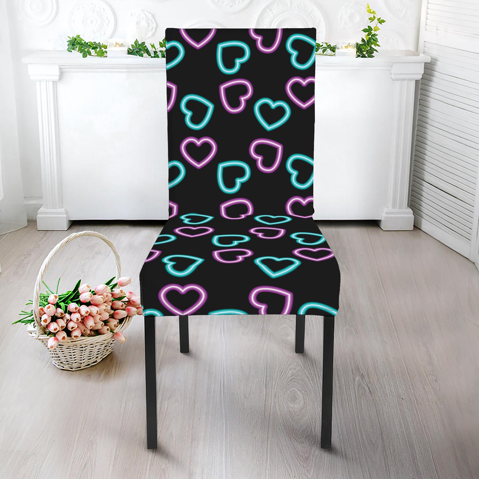 Pink And Blue Lights Heart Pattern Print Dining Chair Slipcover