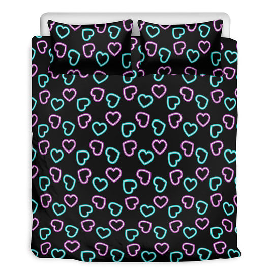 Pink And Blue Lights Heart Pattern Print Duvet Cover Bedding Set