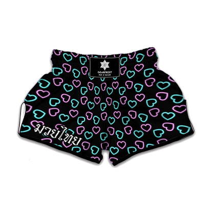 Pink And Blue Lights Heart Pattern Print Muay Thai Boxing Shorts