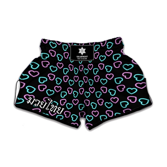 Pink And Blue Lights Heart Pattern Print Muay Thai Boxing Shorts