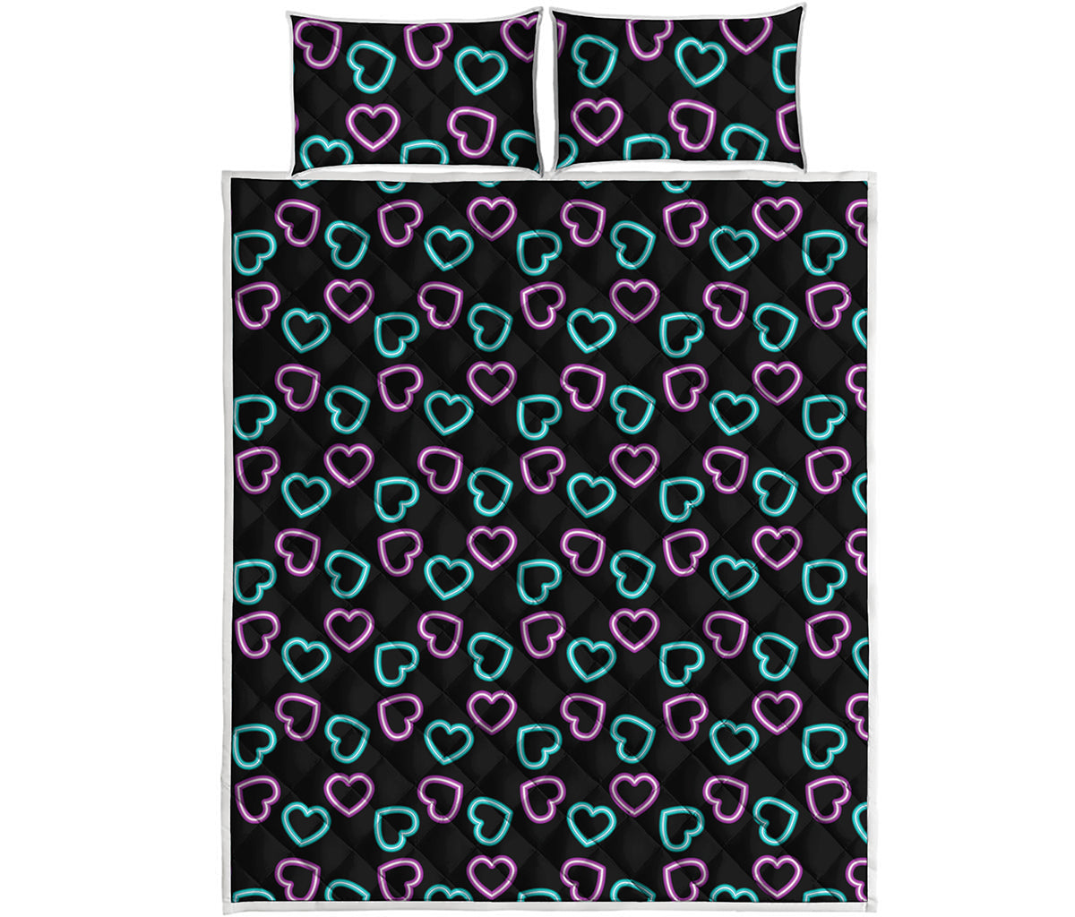 Pink And Blue Lights Heart Pattern Print Quilt Bed Set