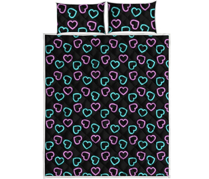 Pink And Blue Lights Heart Pattern Print Quilt Bed Set