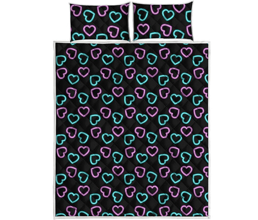 Pink And Blue Lights Heart Pattern Print Quilt Bed Set