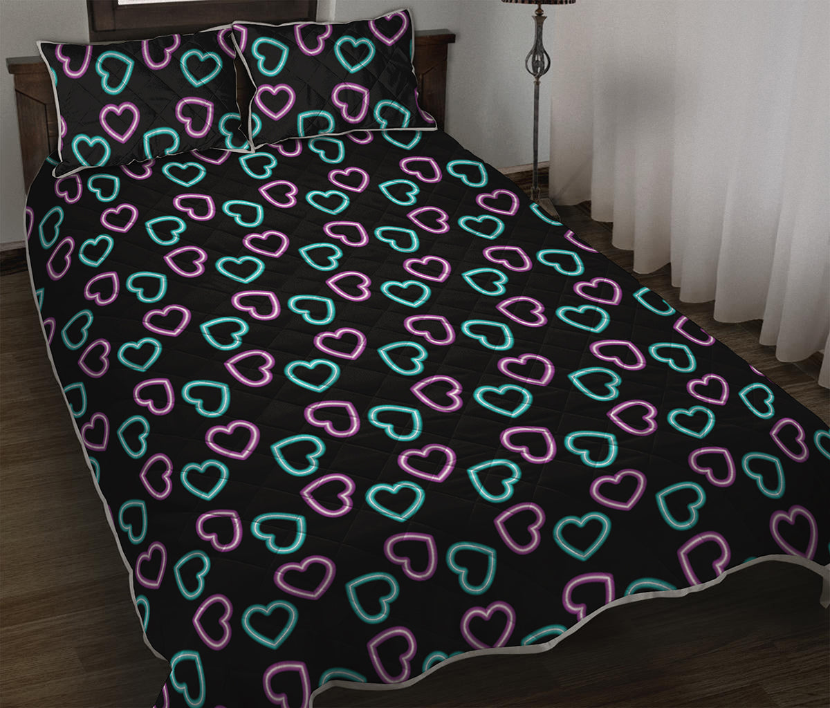 Pink And Blue Lights Heart Pattern Print Quilt Bed Set