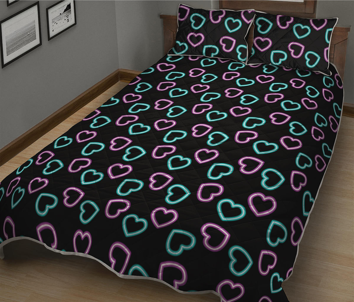 Pink And Blue Lights Heart Pattern Print Quilt Bed Set