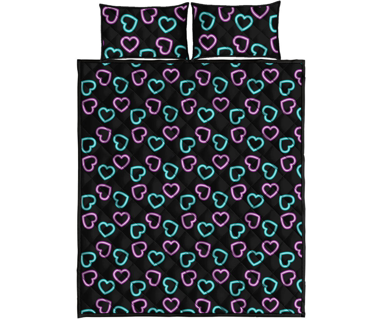 Pink And Blue Lights Heart Pattern Print Quilt Bed Set