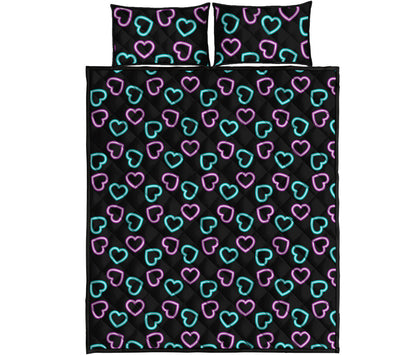 Pink And Blue Lights Heart Pattern Print Quilt Bed Set