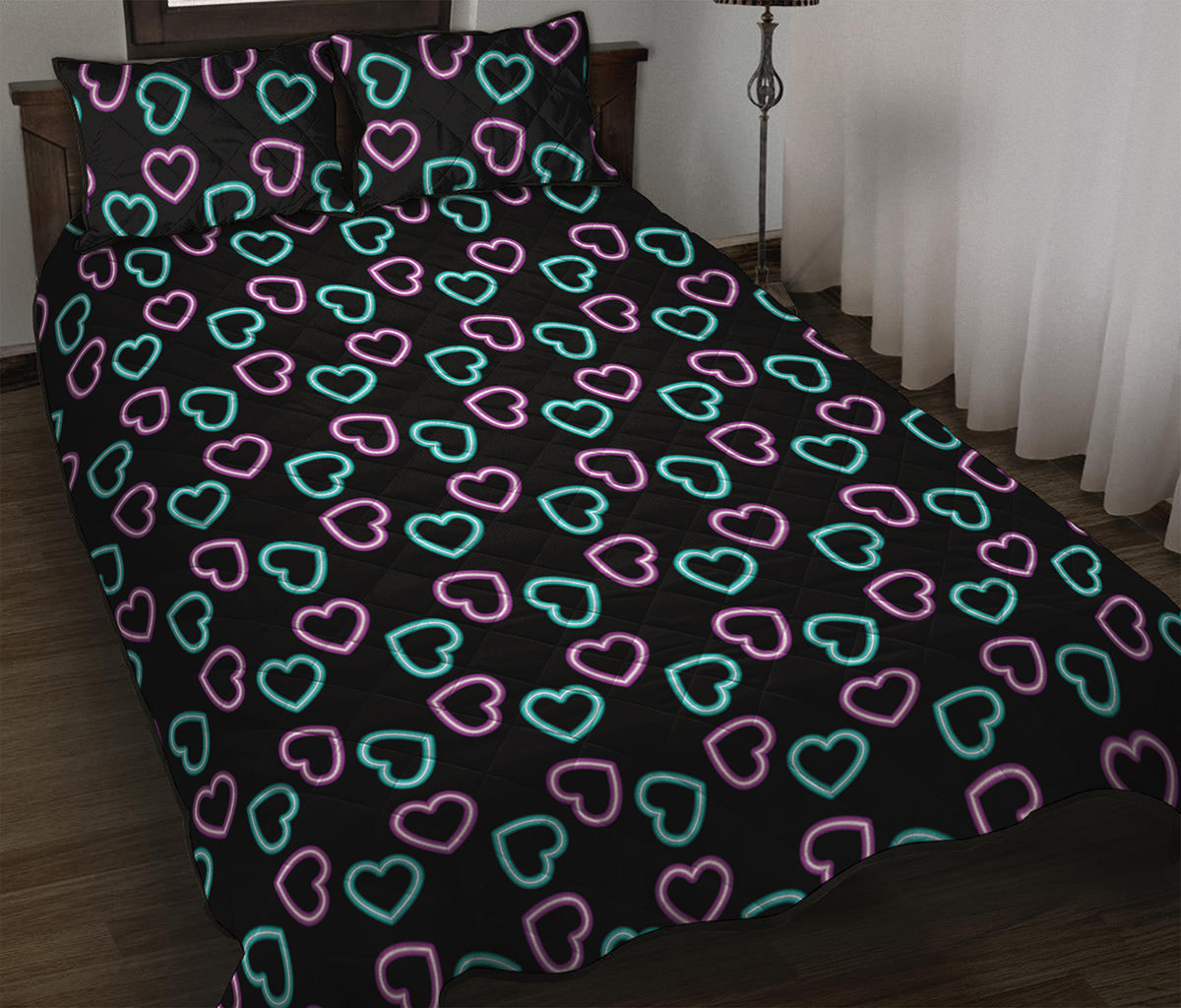 Pink And Blue Lights Heart Pattern Print Quilt Bed Set