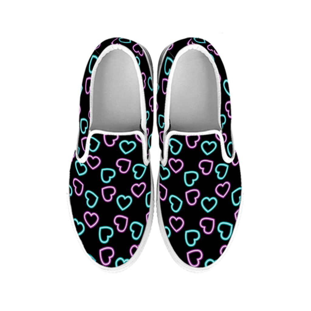 Pink And Blue Lights Heart Pattern Print White Slip On Shoes