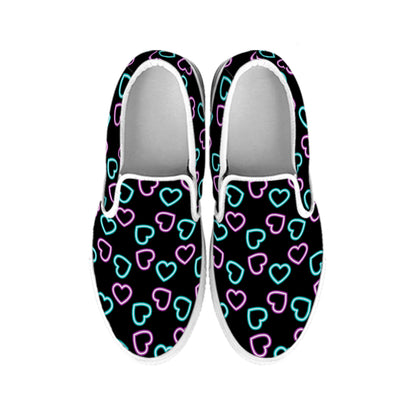 Pink And Blue Lights Heart Pattern Print White Slip On Shoes