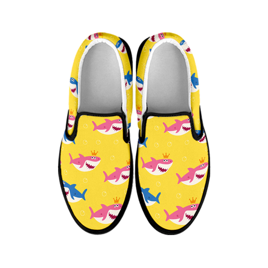 Pink And Blue Shark Pattern Print Black Slip On Shoes