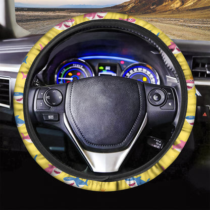 Pink And Blue Shark Pattern Print Car Steering Wheel Cover