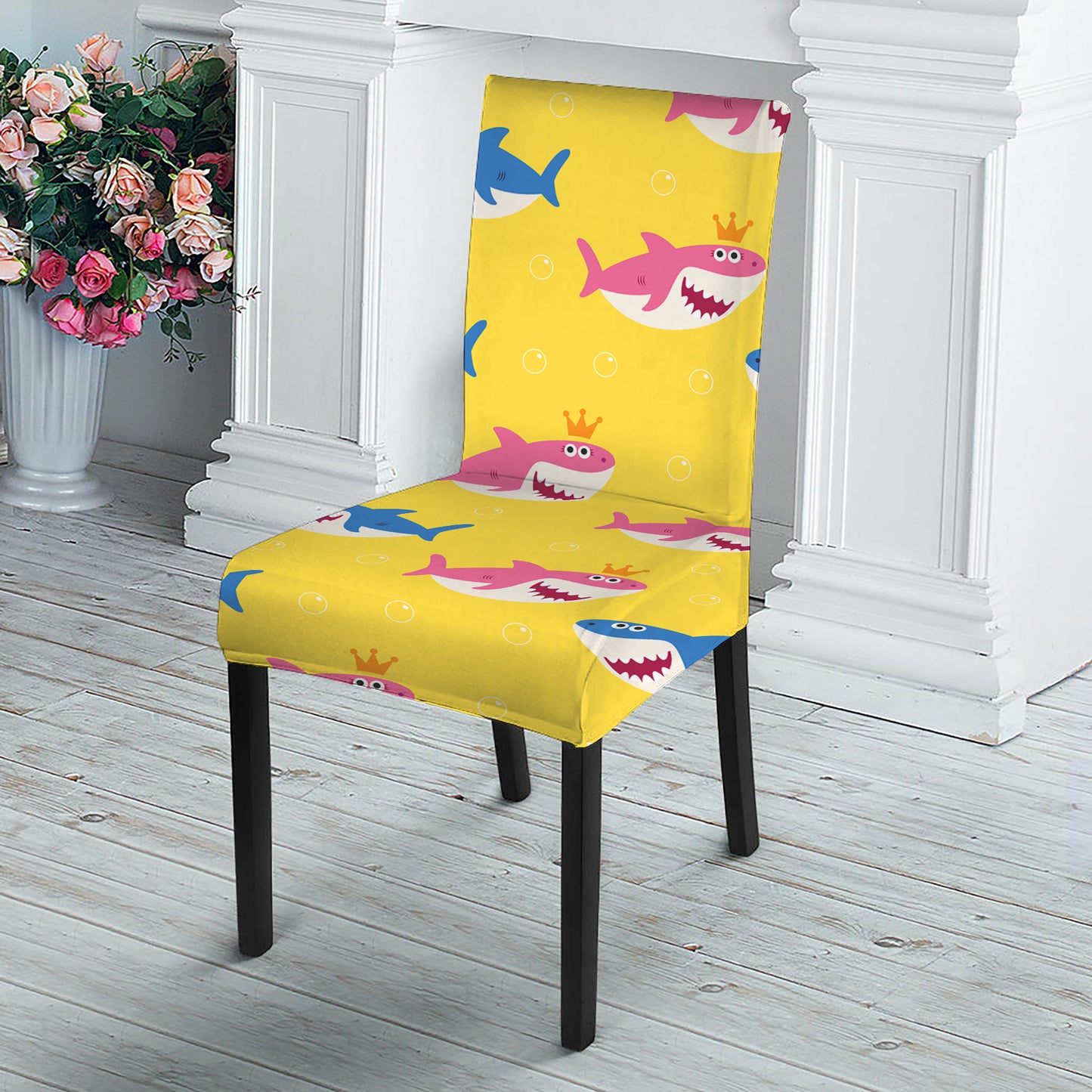 Pink And Blue Shark Pattern Print Dining Chair Slipcover