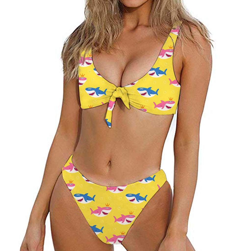 Pink And Blue Shark Pattern Print Front Bow Tie Bikini