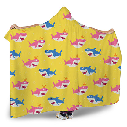 Pink And Blue Shark Pattern Print Hooded Blanket