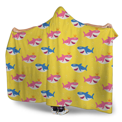 Pink And Blue Shark Pattern Print Hooded Blanket