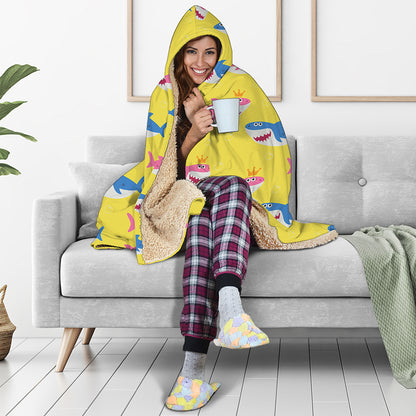 Pink And Blue Shark Pattern Print Hooded Blanket