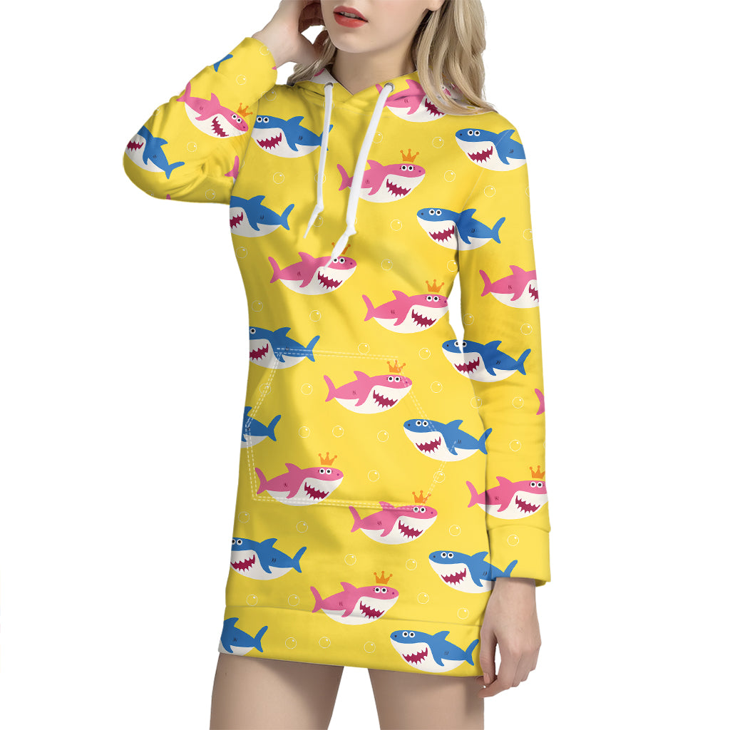 Pink And Blue Shark Pattern Print Hoodie Dress