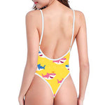 Pink And Blue Shark Pattern Print One Piece High Cut Swimsuit