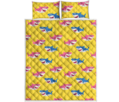 Pink And Blue Shark Pattern Print Quilt Bed Set