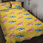 Pink And Blue Shark Pattern Print Quilt Bed Set