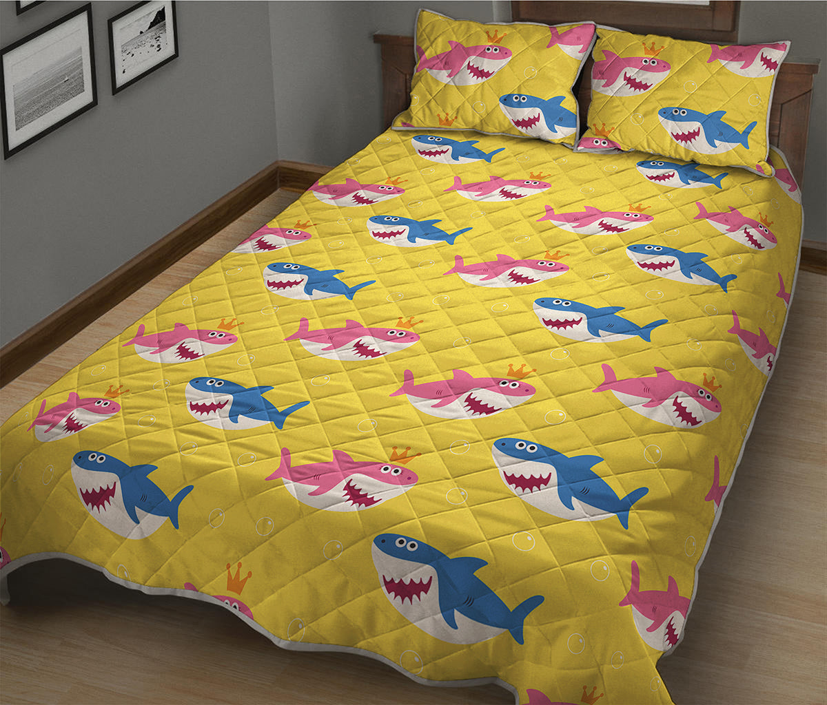 Pink And Blue Shark Pattern Print Quilt Bed Set