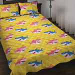 Pink And Blue Shark Pattern Print Quilt Bed Set