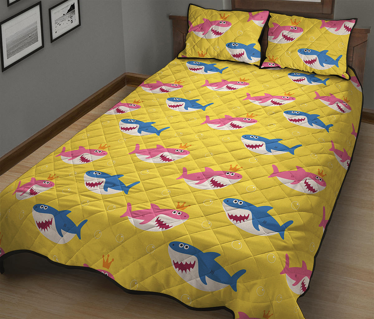 Pink And Blue Shark Pattern Print Quilt Bed Set