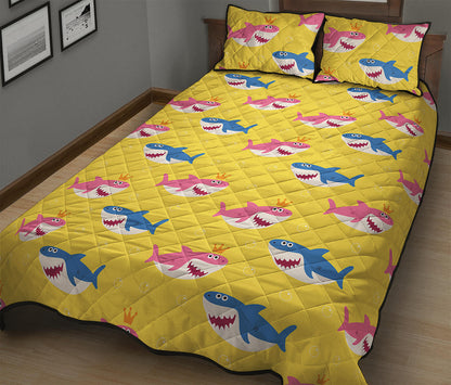Pink And Blue Shark Pattern Print Quilt Bed Set