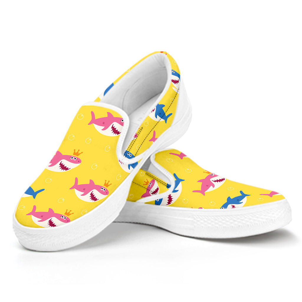 Pink And Blue Shark Pattern Print White Slip On Shoes