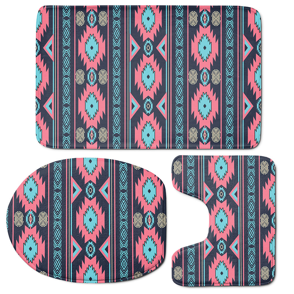 Pink And Blue Southwestern Pattern Print 3 Piece Bath Mat Set