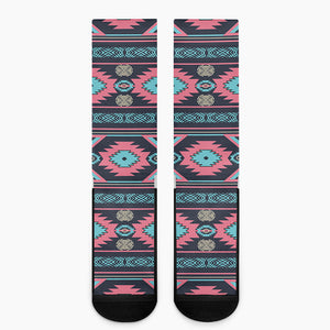 Pink And Blue Southwestern Pattern Print Crew Socks