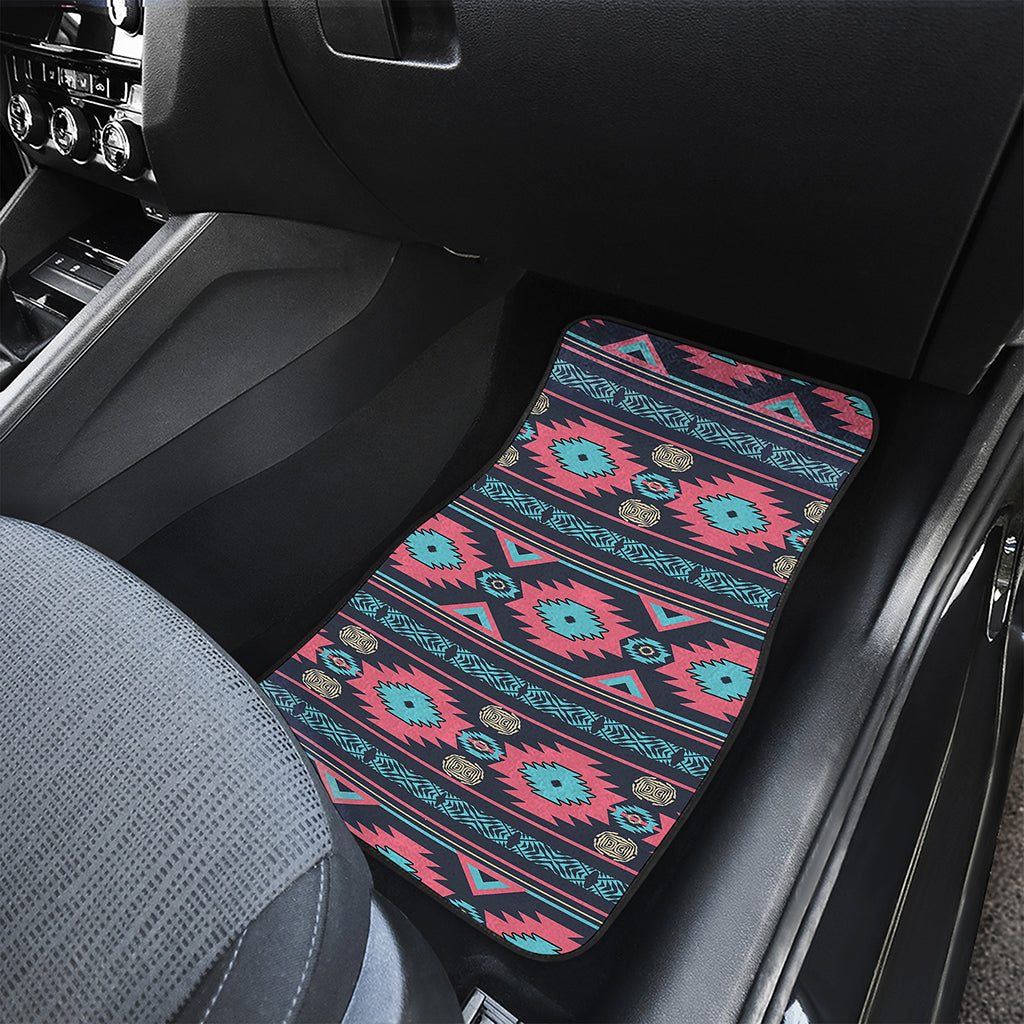 Pink And Blue Southwestern Pattern Print Front and Back Car Floor Mats