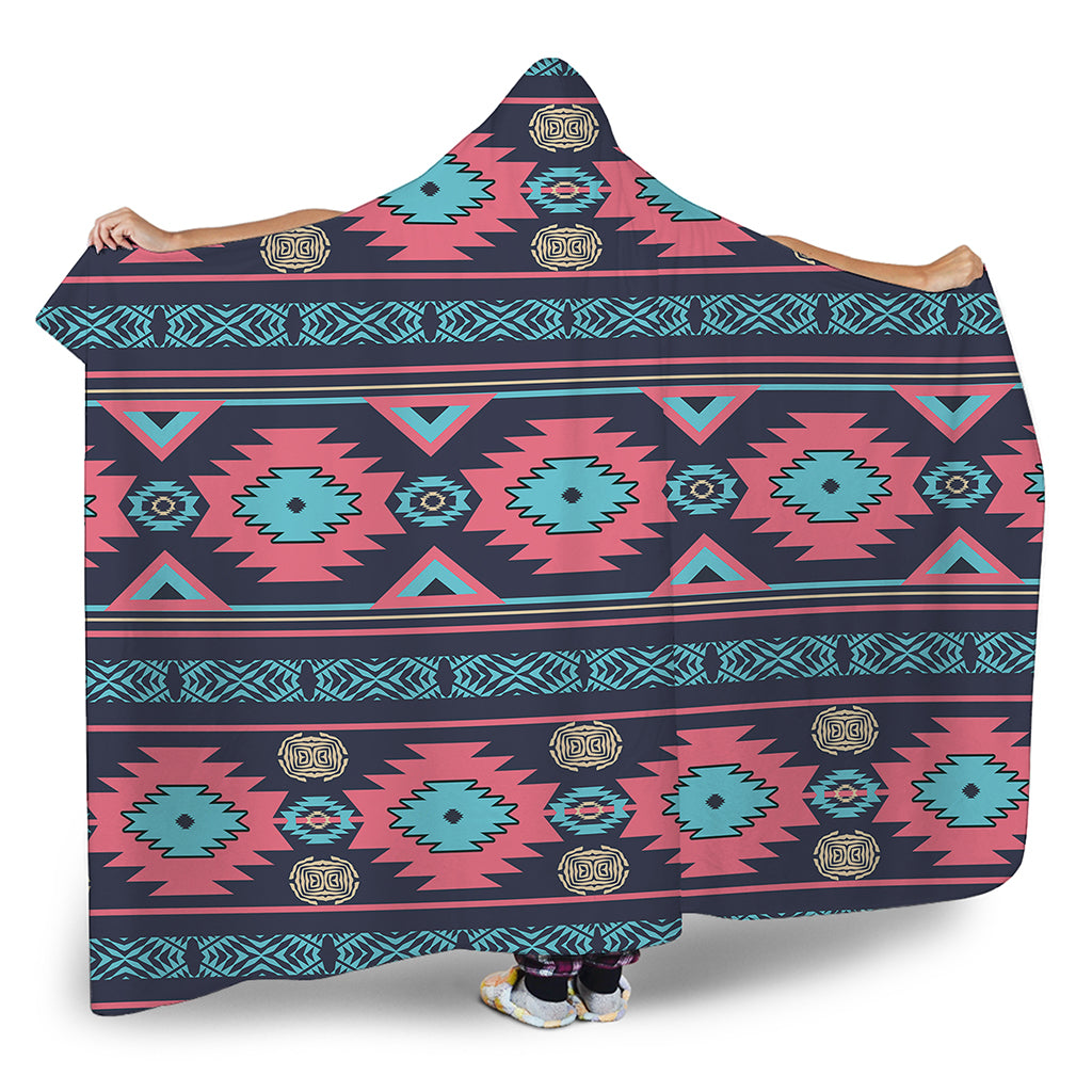 Pink And Blue Southwestern Pattern Print Hooded Blanket