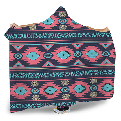 Pink And Blue Southwestern Pattern Print Hooded Blanket