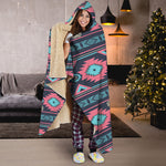 Pink And Blue Southwestern Pattern Print Hooded Blanket