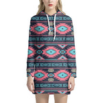 Pink And Blue Southwestern Pattern Print Hoodie Dress