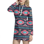 Pink And Blue Southwestern Pattern Print Hoodie Dress