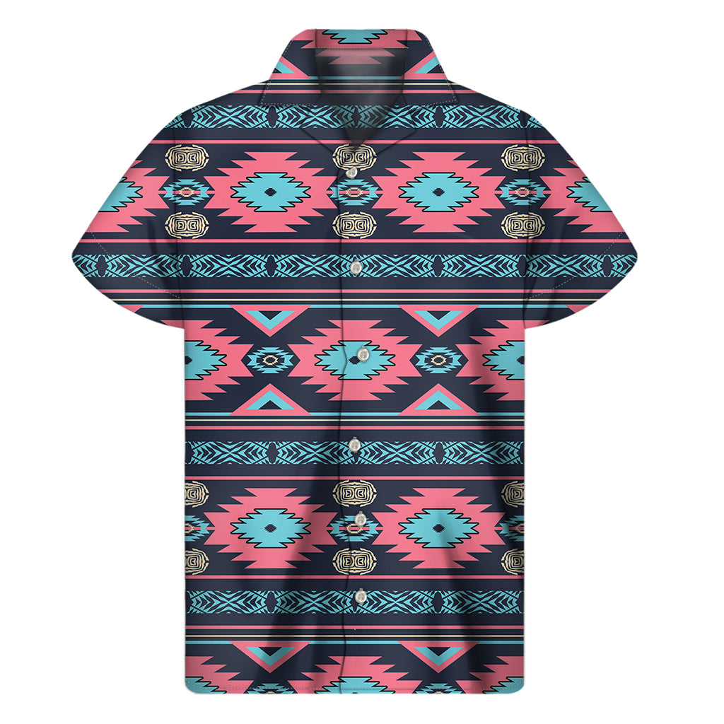 Pink And Blue Southwestern Pattern Print Men's Short Sleeve Shirt