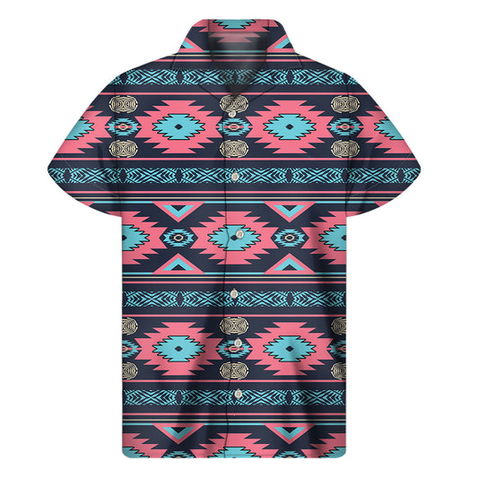 Pink And Blue Southwestern Pattern Print Men's Short Sleeve Shirt