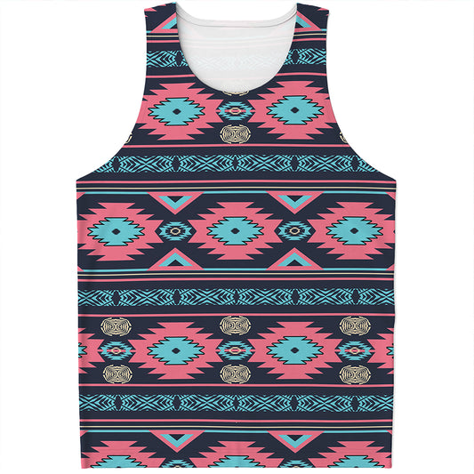 Pink And Blue Southwestern Pattern Print Men's Tank Top