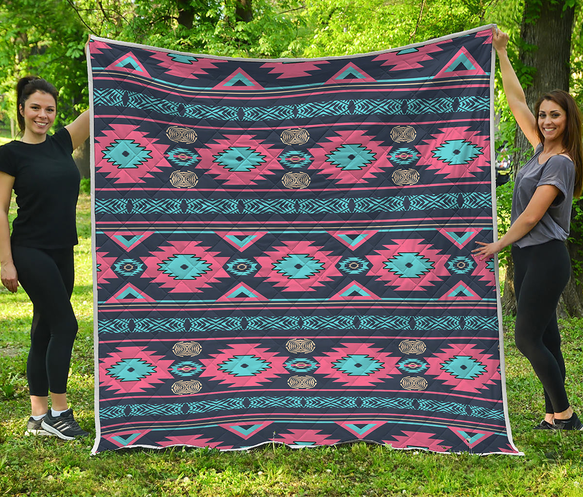 Pink And Blue Southwestern Pattern Print Quilt