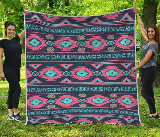 Pink And Blue Southwestern Pattern Print Quilt