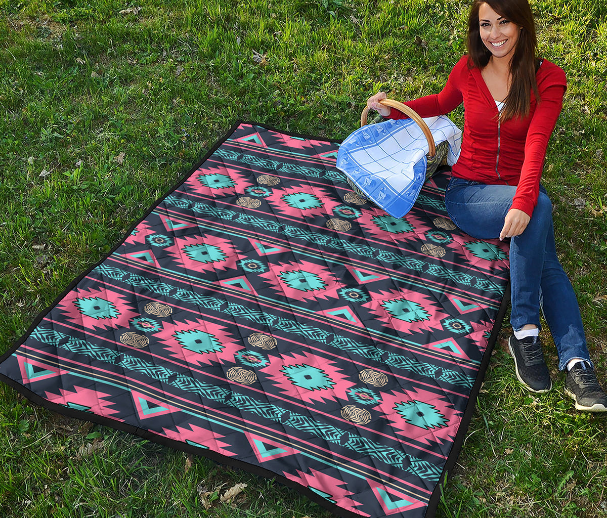 Pink And Blue Southwestern Pattern Print Quilt