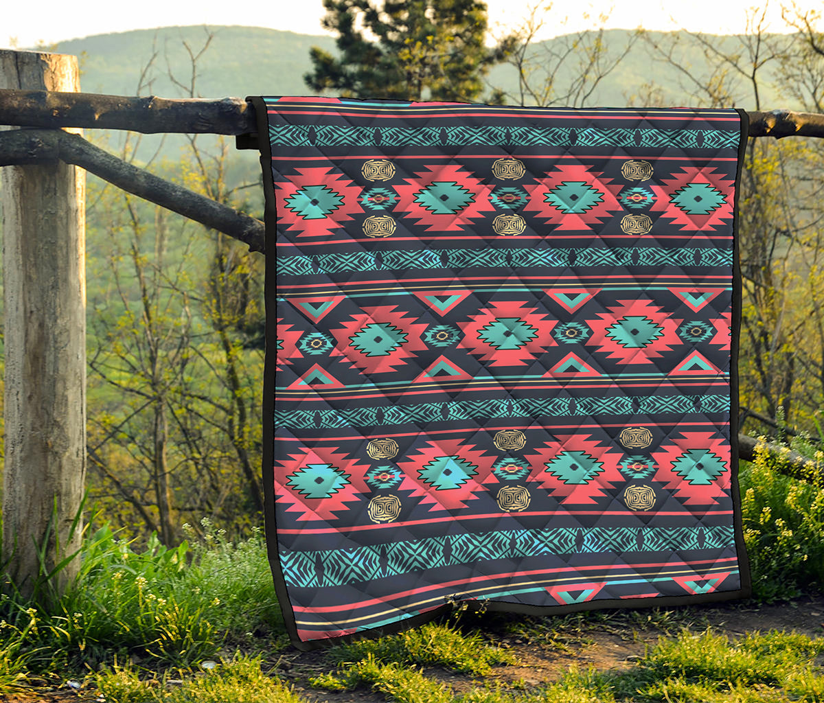 Pink And Blue Southwestern Pattern Print Quilt